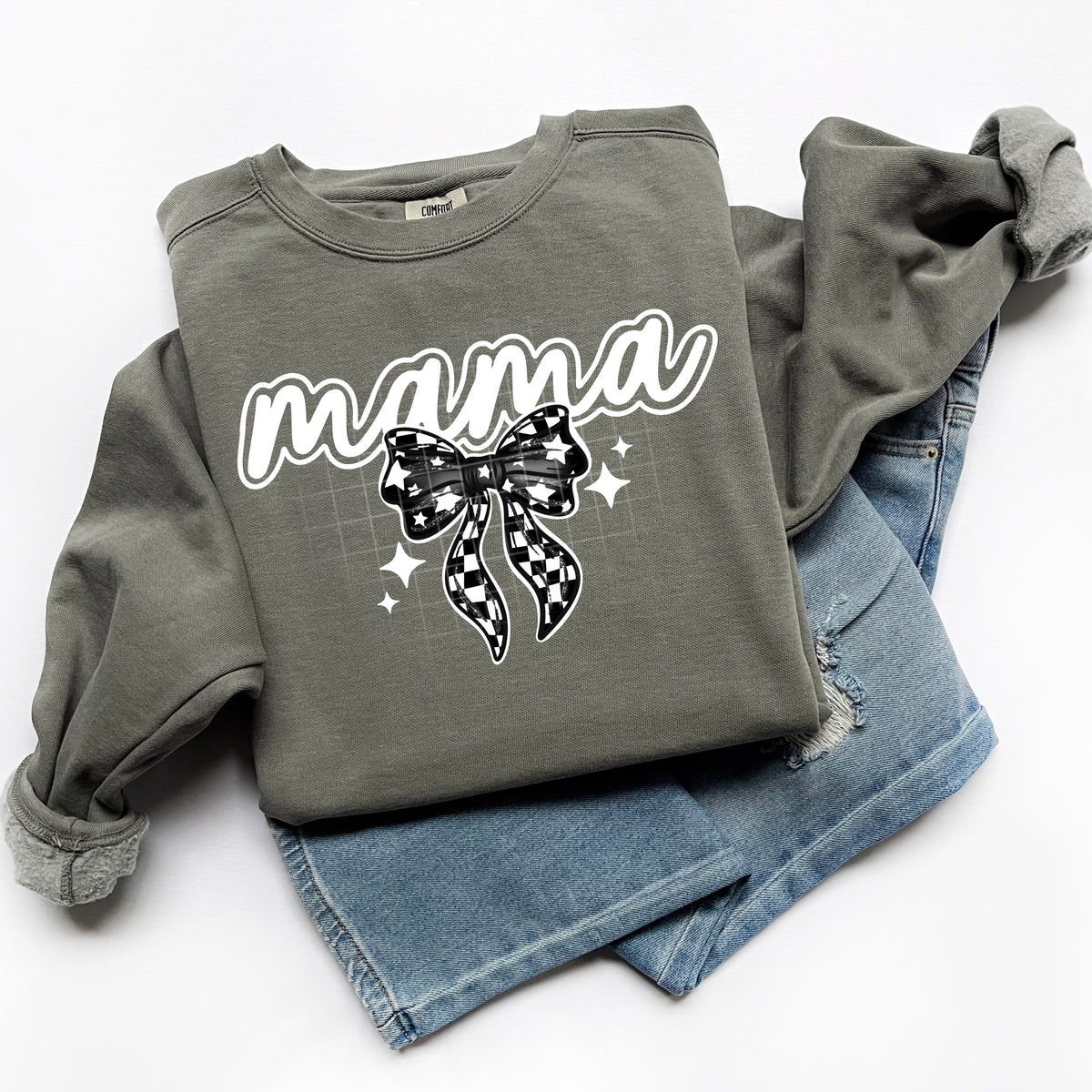 Mama WHITE FONT black checkered bow CSC DTF transfer