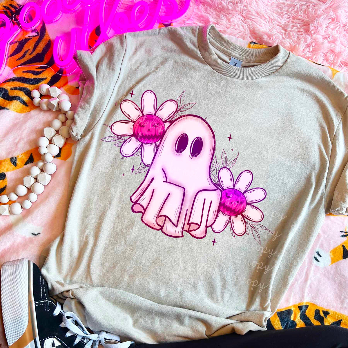 Ghost with pumpkin flowers pink (MMD) 44545 DTF transfer