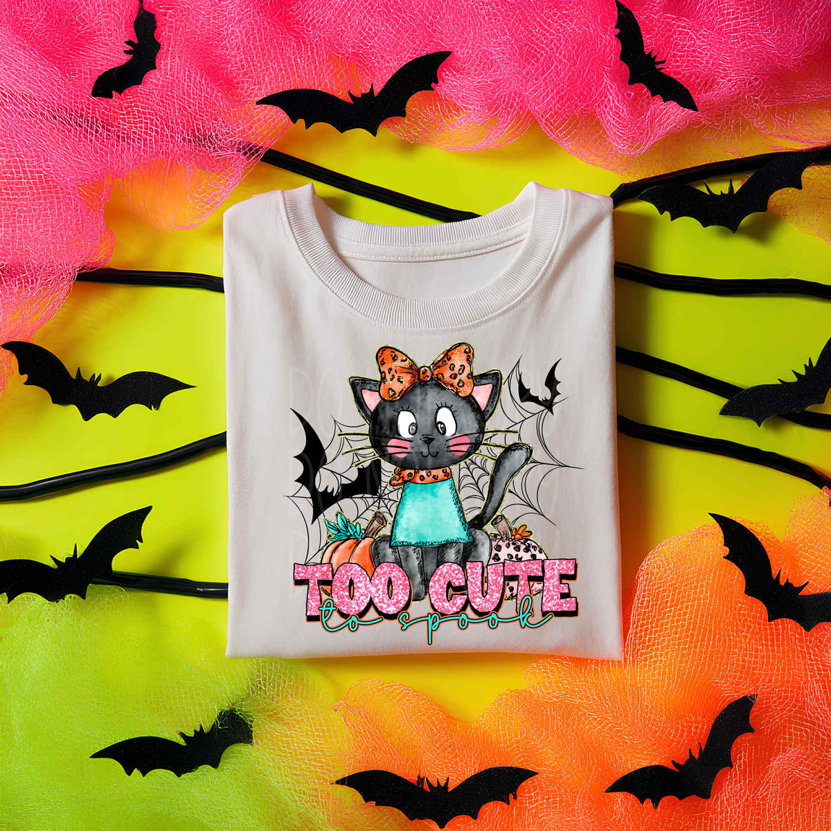 Too cute to spooky cat orange bow C's  DTF transfer
