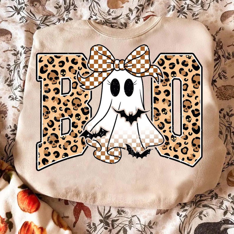 Boo leopard font with skulls DTF transfer