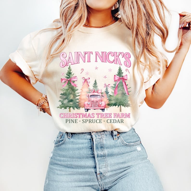 Saint nicks christmas tree farm pink 43969 DTF TRANSFER