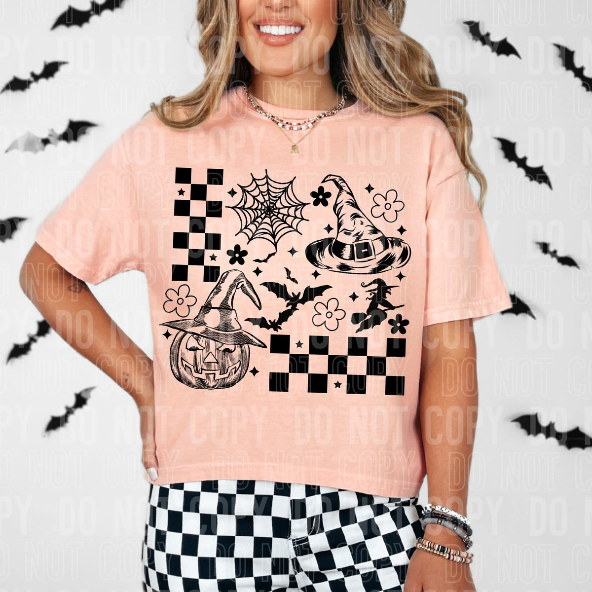 Halloween collage pumpkin witch hat checkered sbb BLACK   DTF transfer