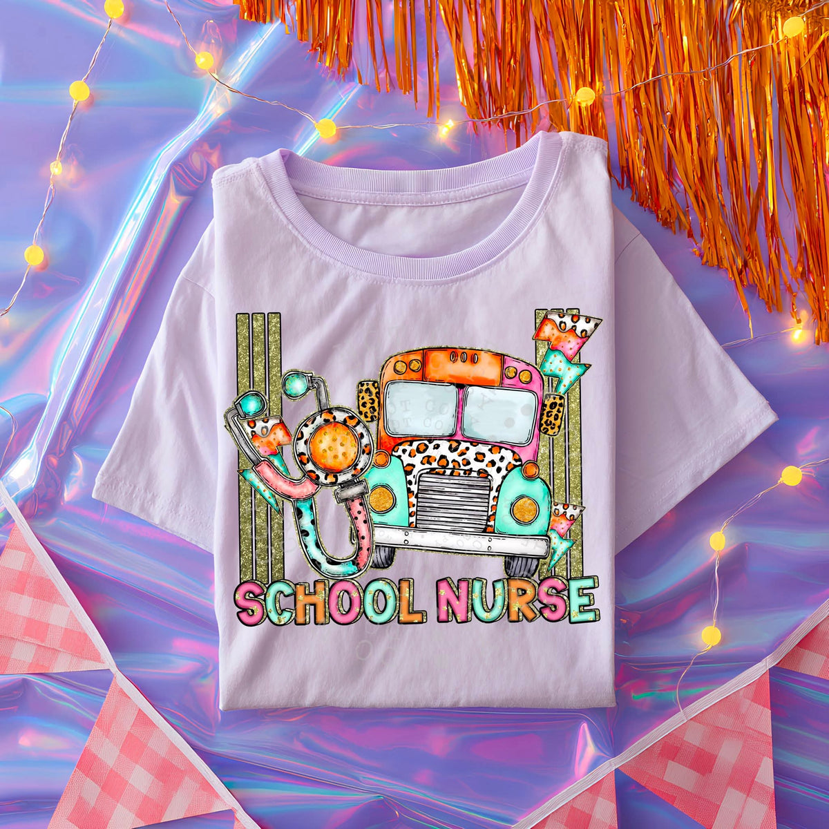 School nurse bus stethoscope lightning bolts C's DTF transfer