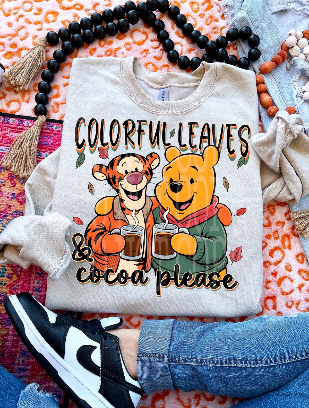 Colorful leaves and cocoa please DTF transfer