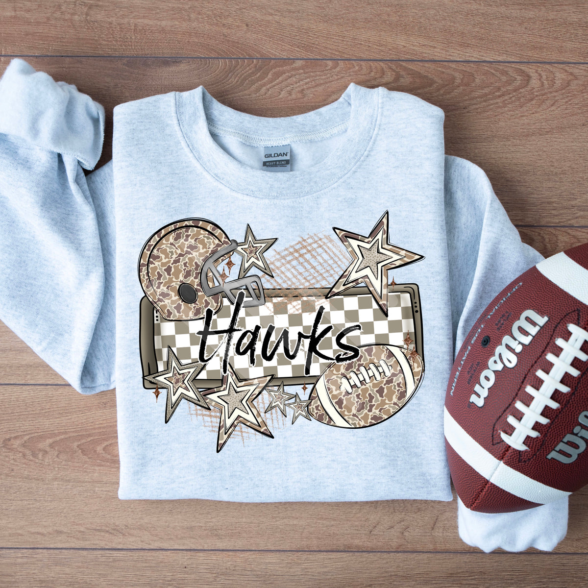 Hawks camo football frame and stars DTF transfer