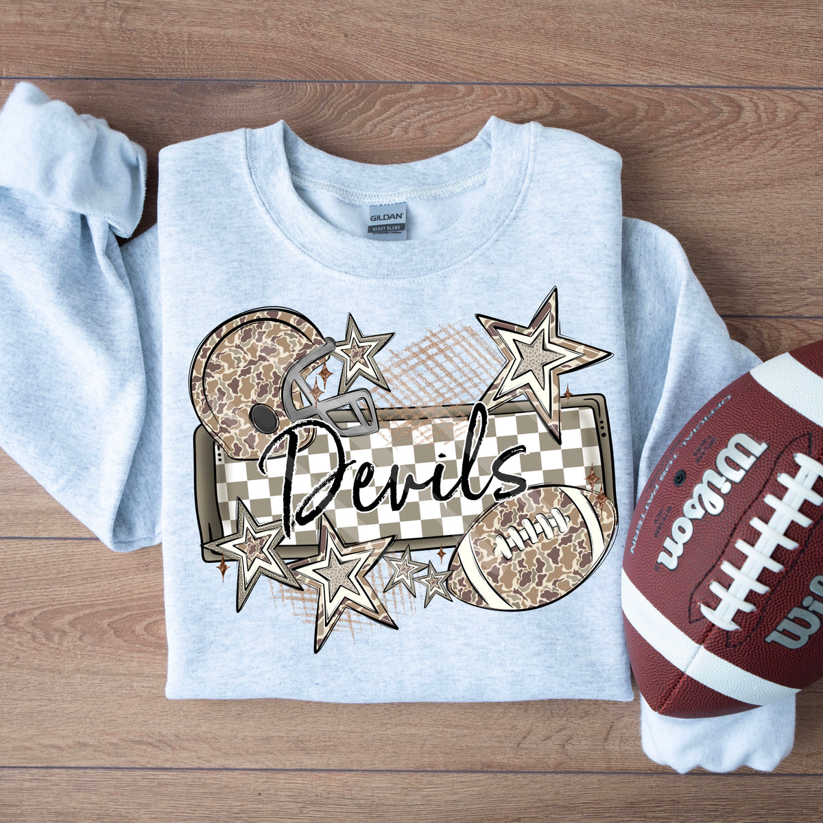 Devils camo football frame and stars DTF transfer