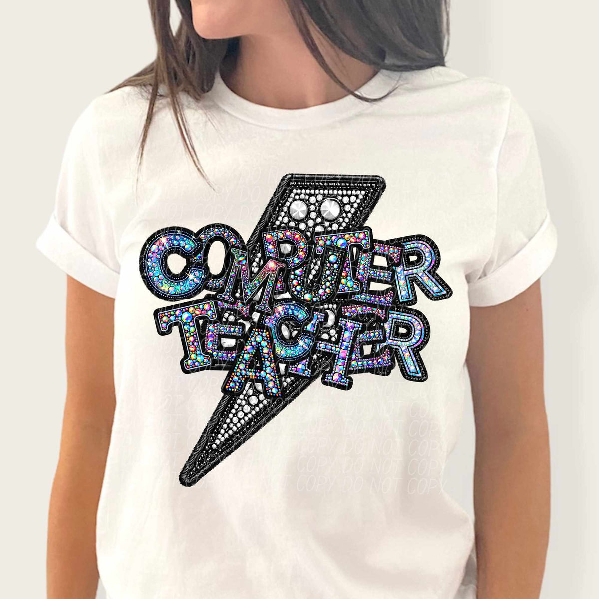 Computer teacher rhinestone lightning bolt (CITY) 44049 DTF transfer