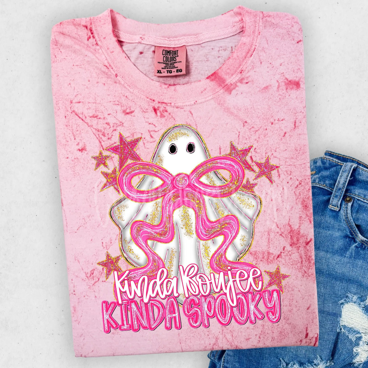 Kinda Boujee kinda spooky ghost with pink bow  (County Line) DTF transfer