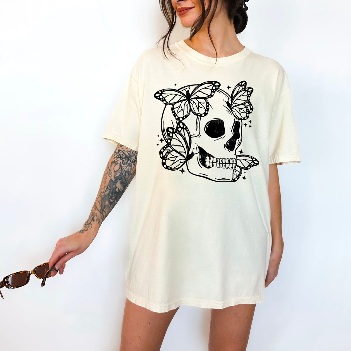Black skull outline with butterflies (CSC) 50133 DTF transfer