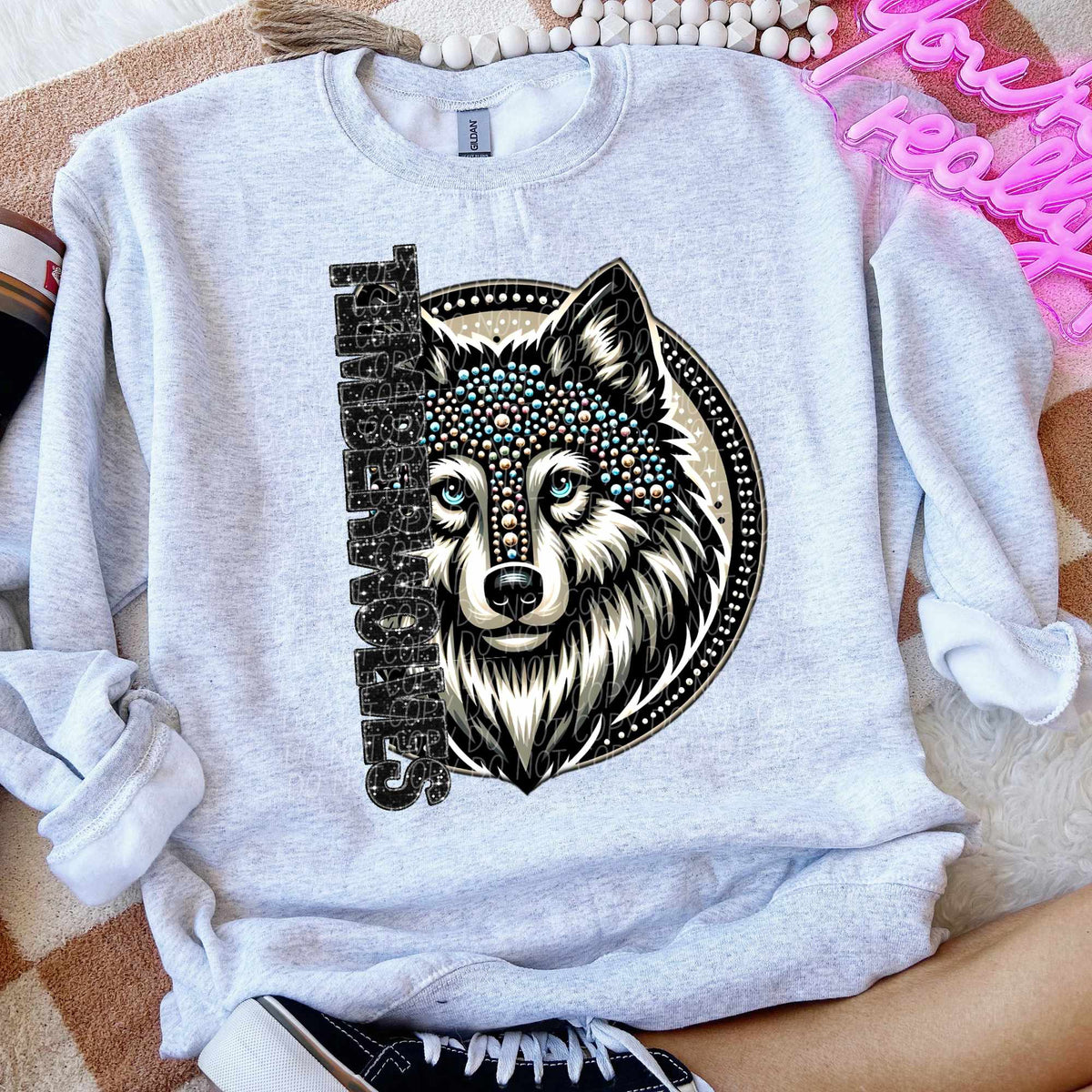 Timberwolves vertical sequin font mascot (CITY) 52271 DTF transfer