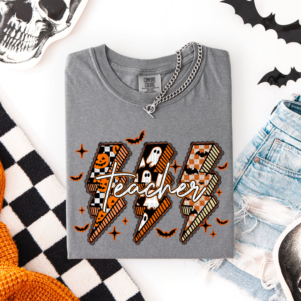 Teacher white font lightning bolt trio BLACK LACE DTF transfer