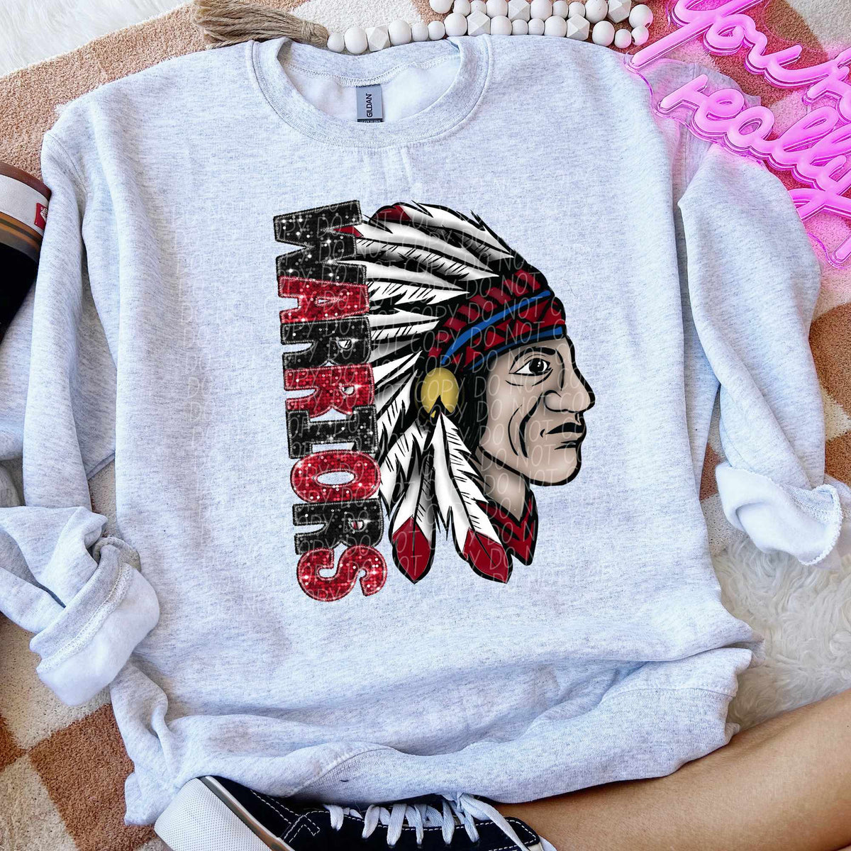 Warriors black and red vertical sequin font indian (CITY) 52269 DTF transfer