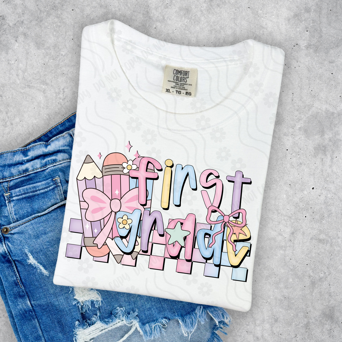 First grade preppy with pencils DYED DTF transfer