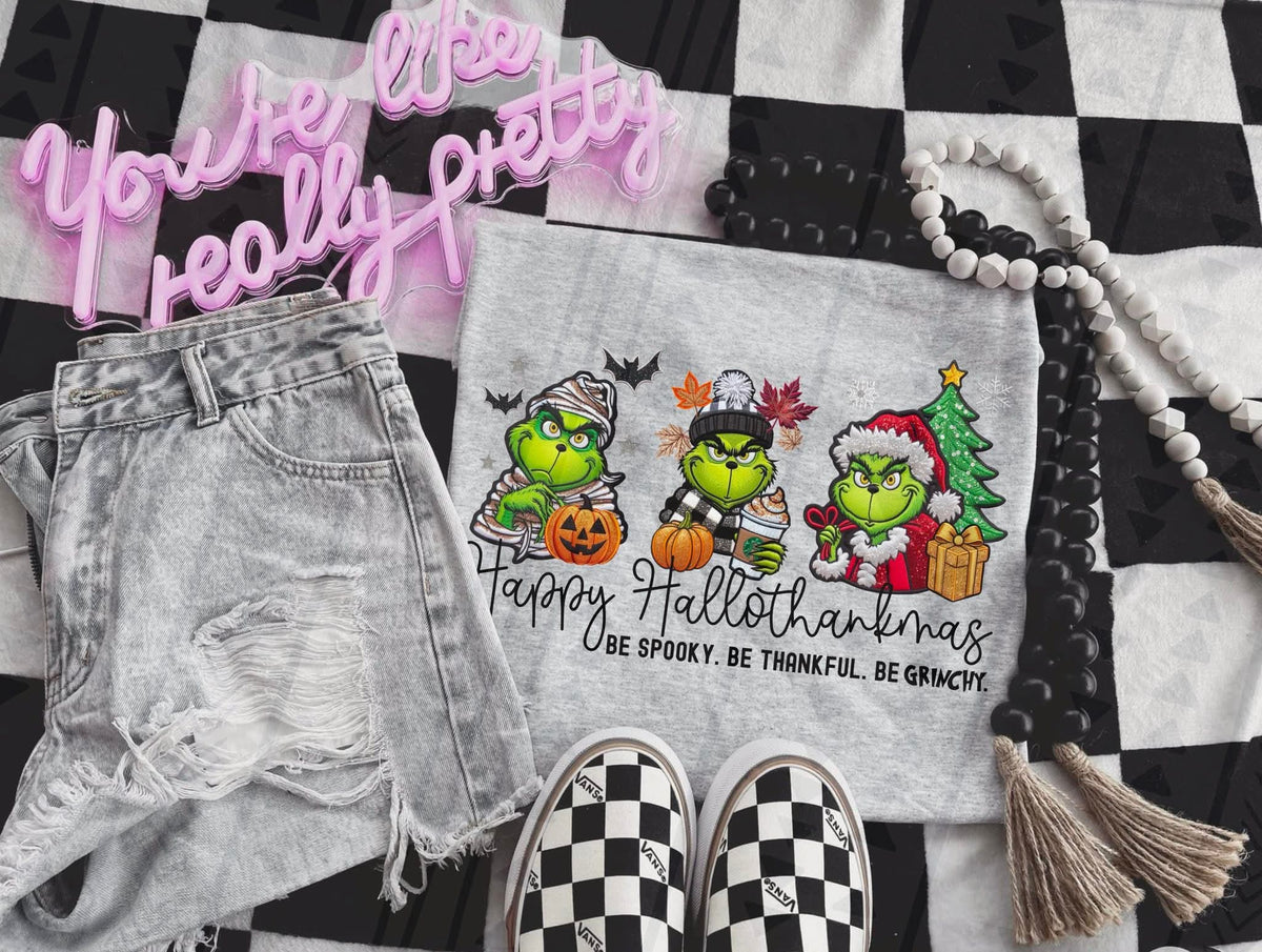 Happy hallothankmas green guy black font tgg sunday special DTF transfer