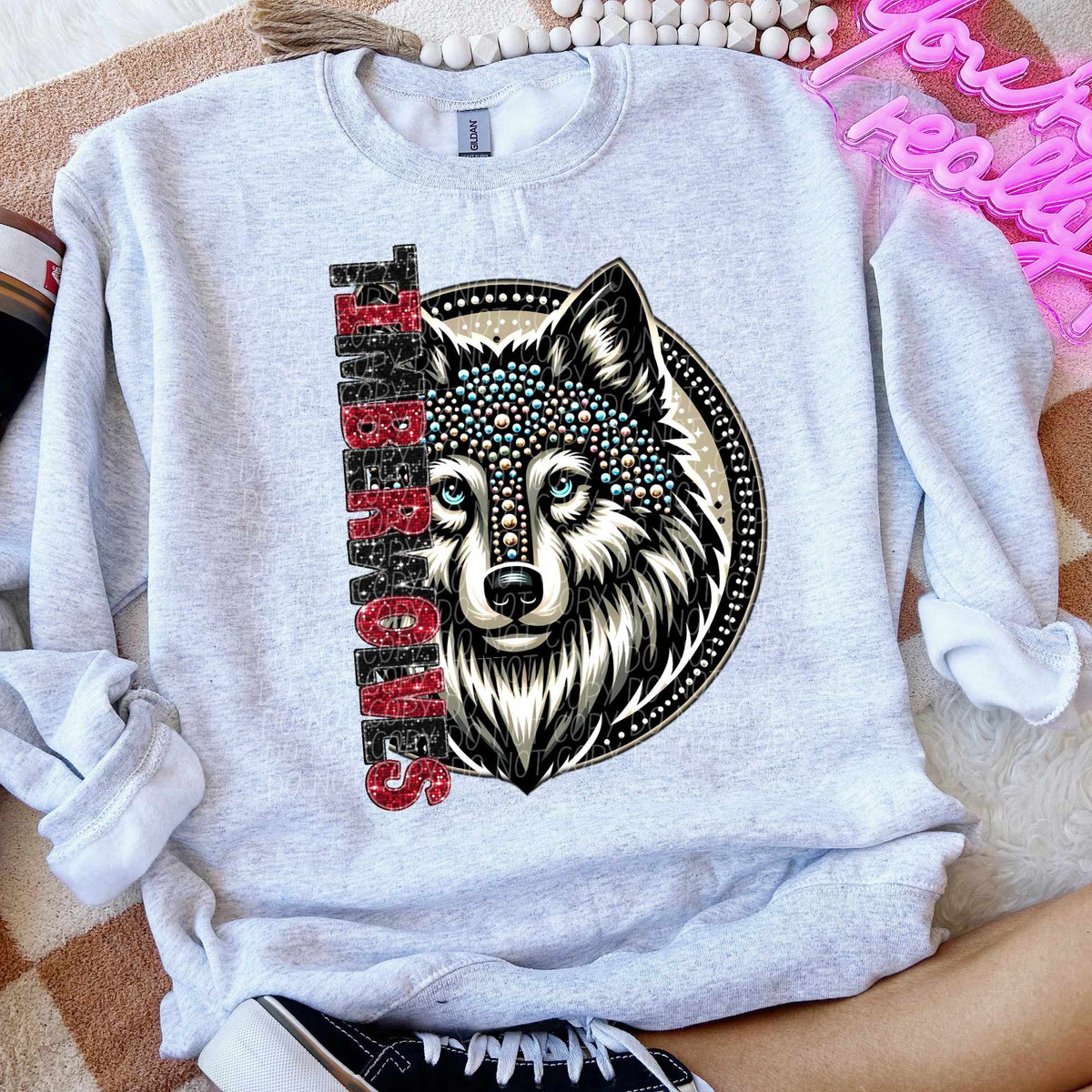 Timberwolves red and black vertical sequin font mascot (CITY) 52273 DTF transfer