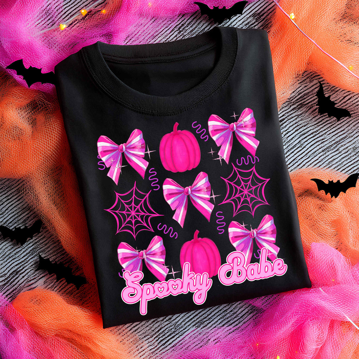 Spooky babe pink bows webs pumpkins C's  DTF transfer