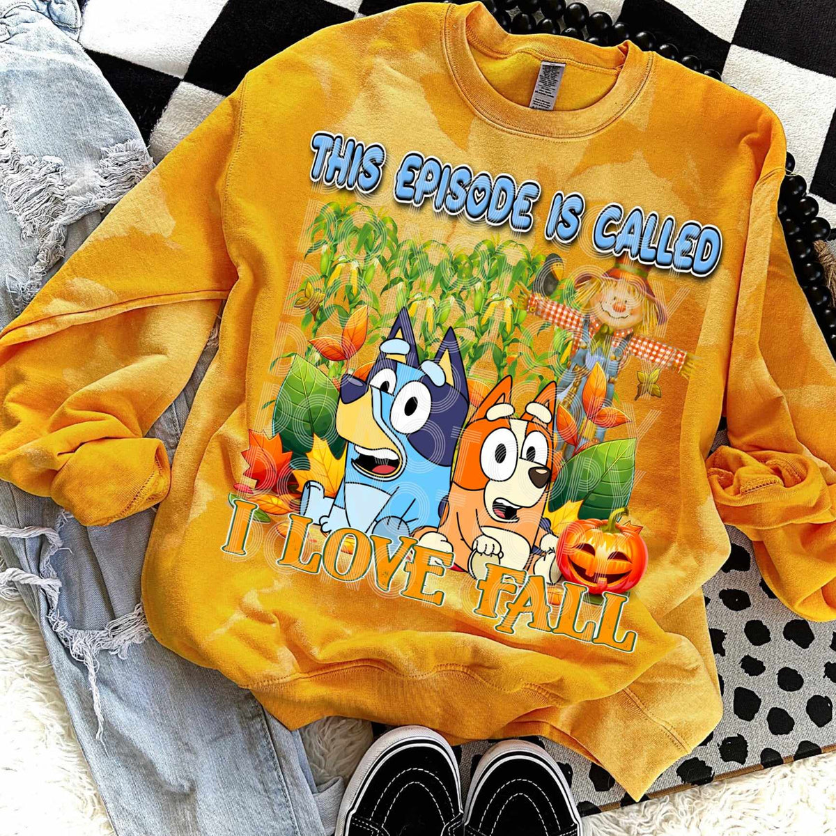 This episode is called I love fall blue dog DTF transfer