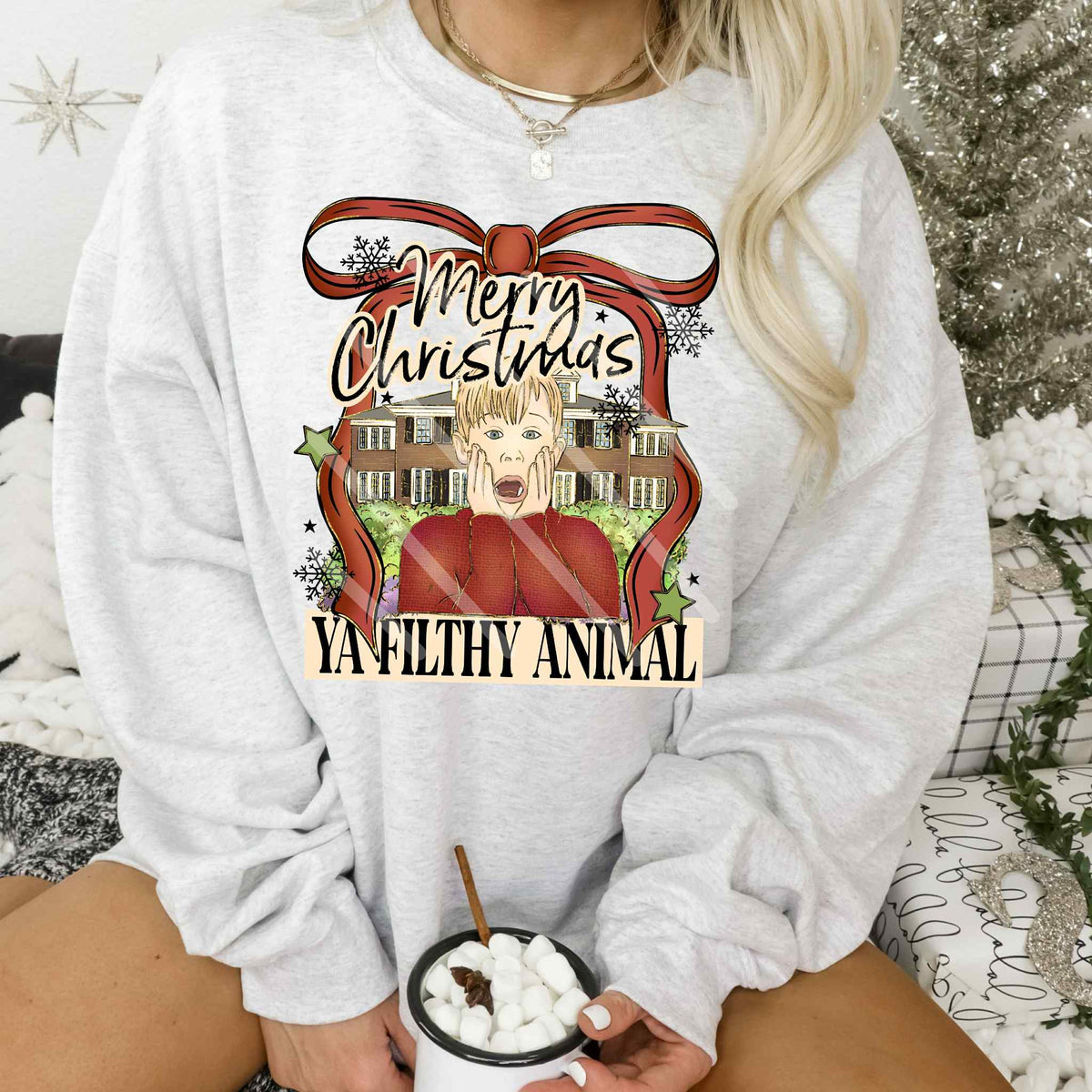 Merry Christmas ya filthy animal house and bow DTF transfer