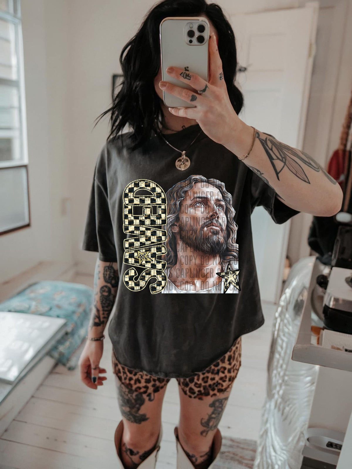 Saved Jesus checkered (caplinger) colorful DTF transfer