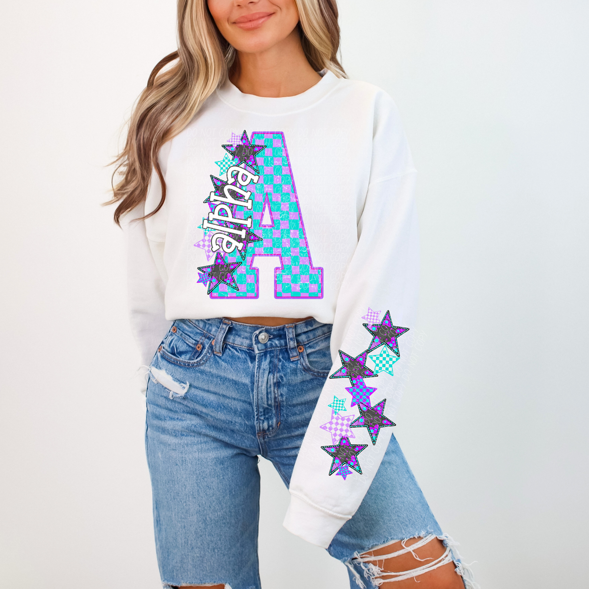 Alpha purple and blue checkered caplinger DTF transfer