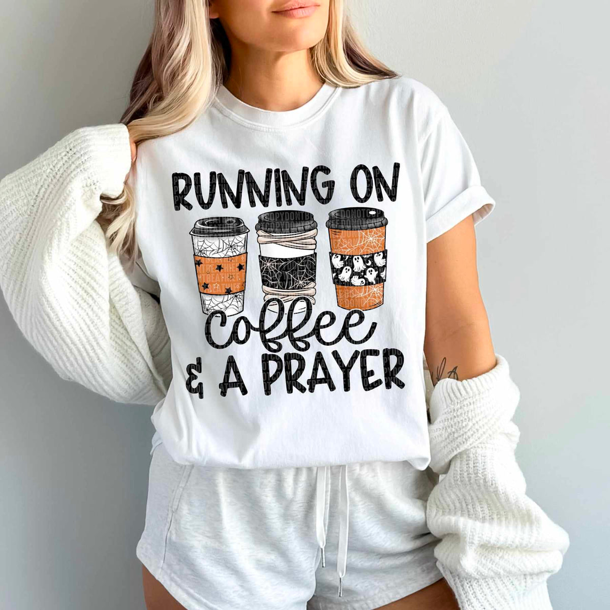 Running on coffee & a prayer black font 50666 DTF transfer