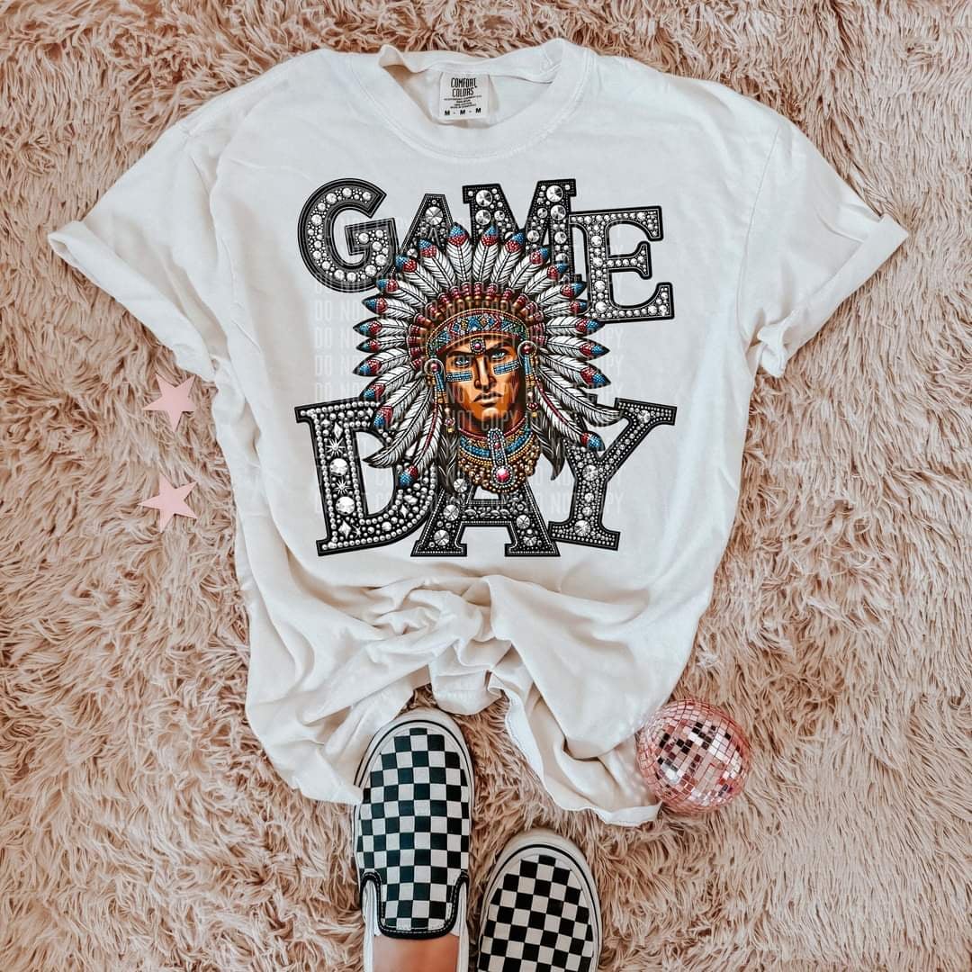 Game day indians silver rhinestones mascot 44452 DTF transfer