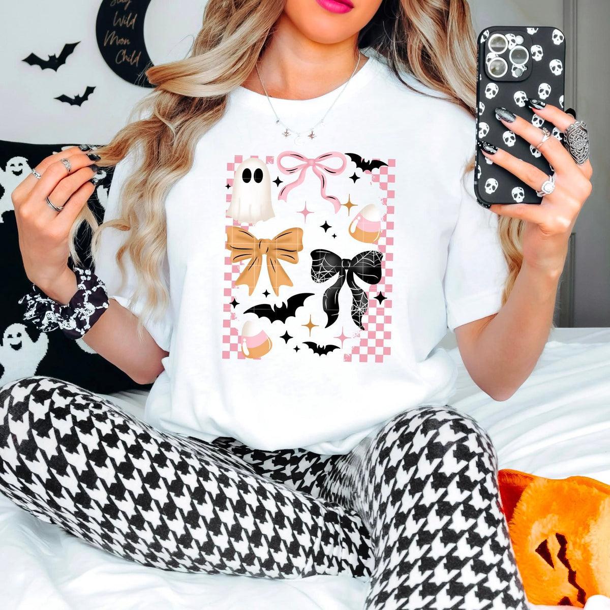 Ghost and bow collage pink checkered frame CSC DTF transfer