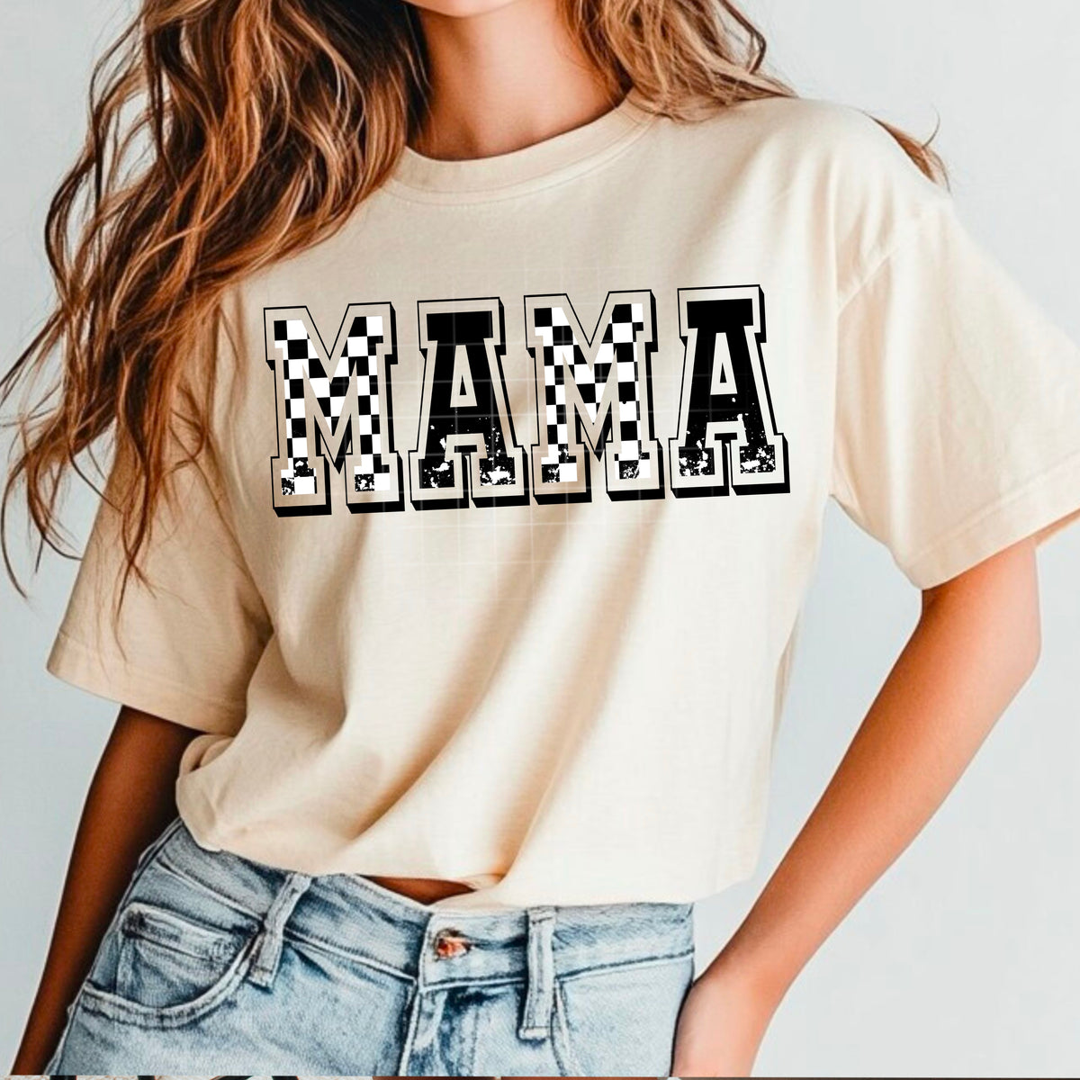 Mama BLACK OUTLINE checkered and black font CSC DTF transfer