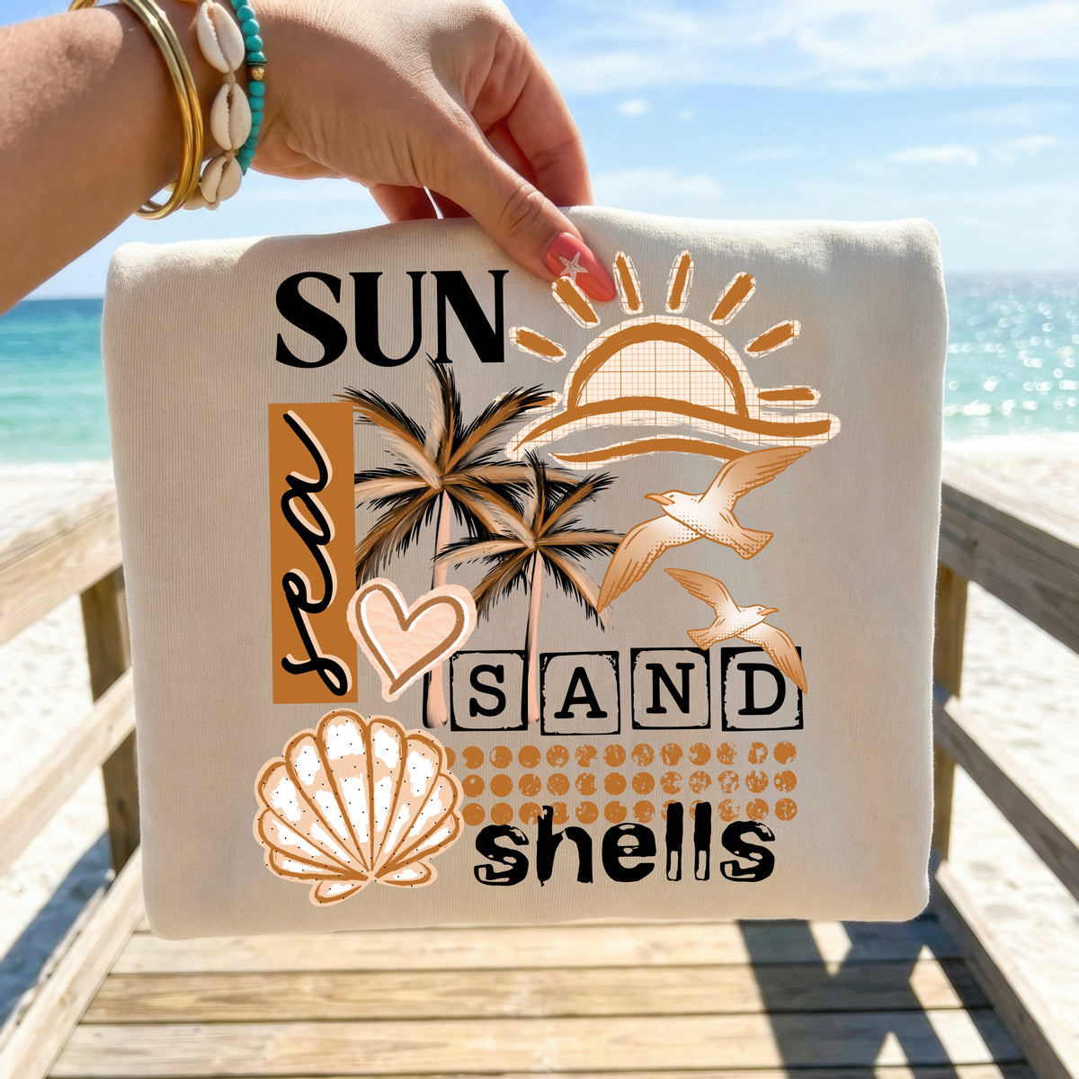 Sun sea sand shells black font CSC Sunday Special DTF transfer