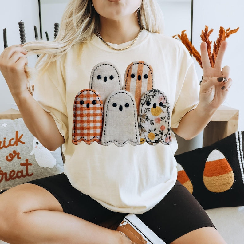 Ghost patchwork  (2 white, 1 checkered, 1 striped, 1 floarl) dtf transfer