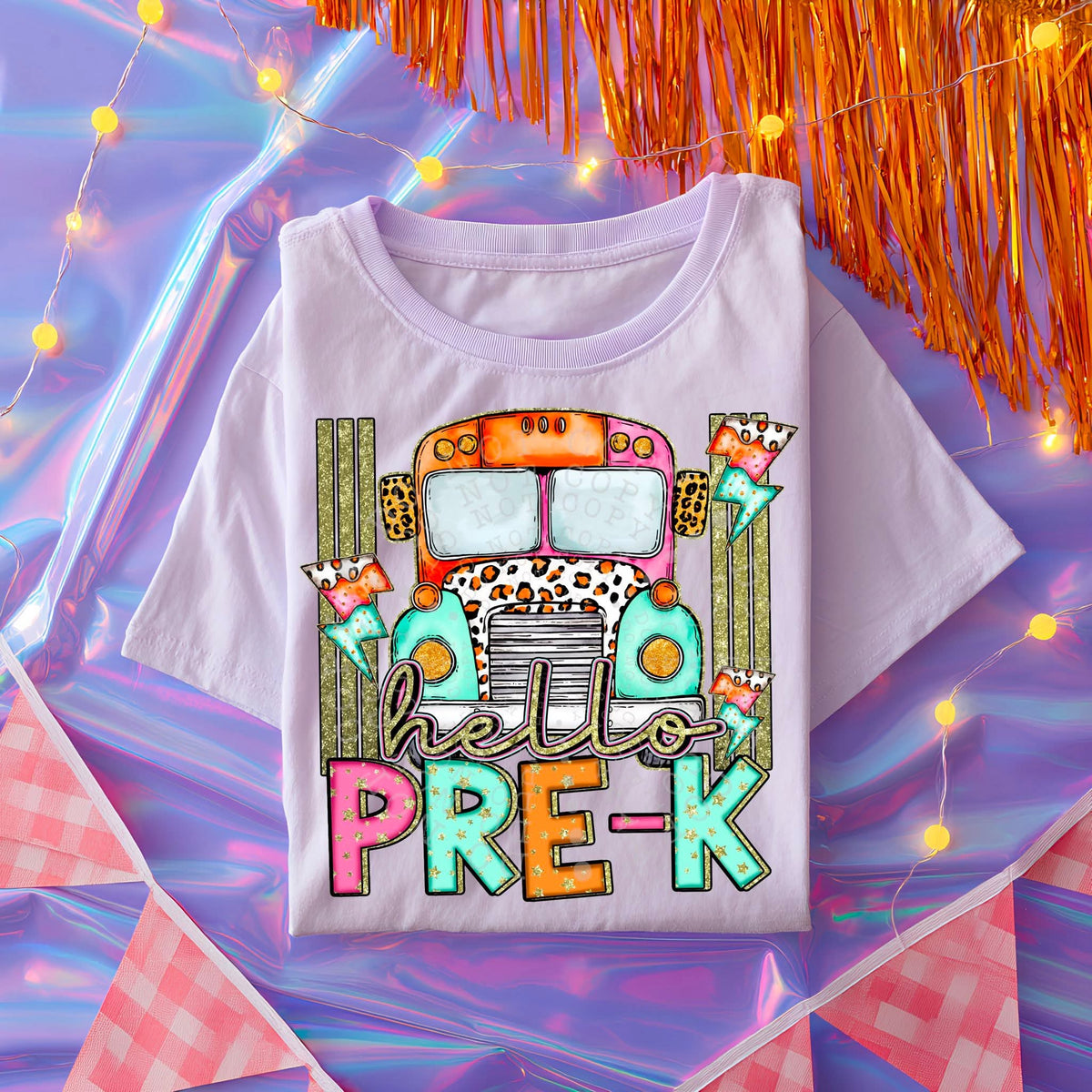 Hello pre-K bus and lightning bolt C's DTF transfer