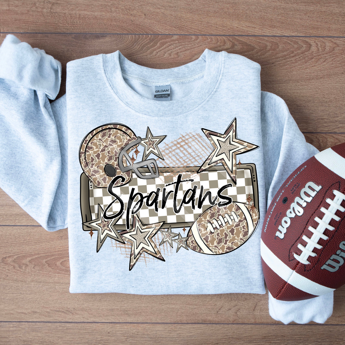 Spartans camo football frame and stars DTF transfer