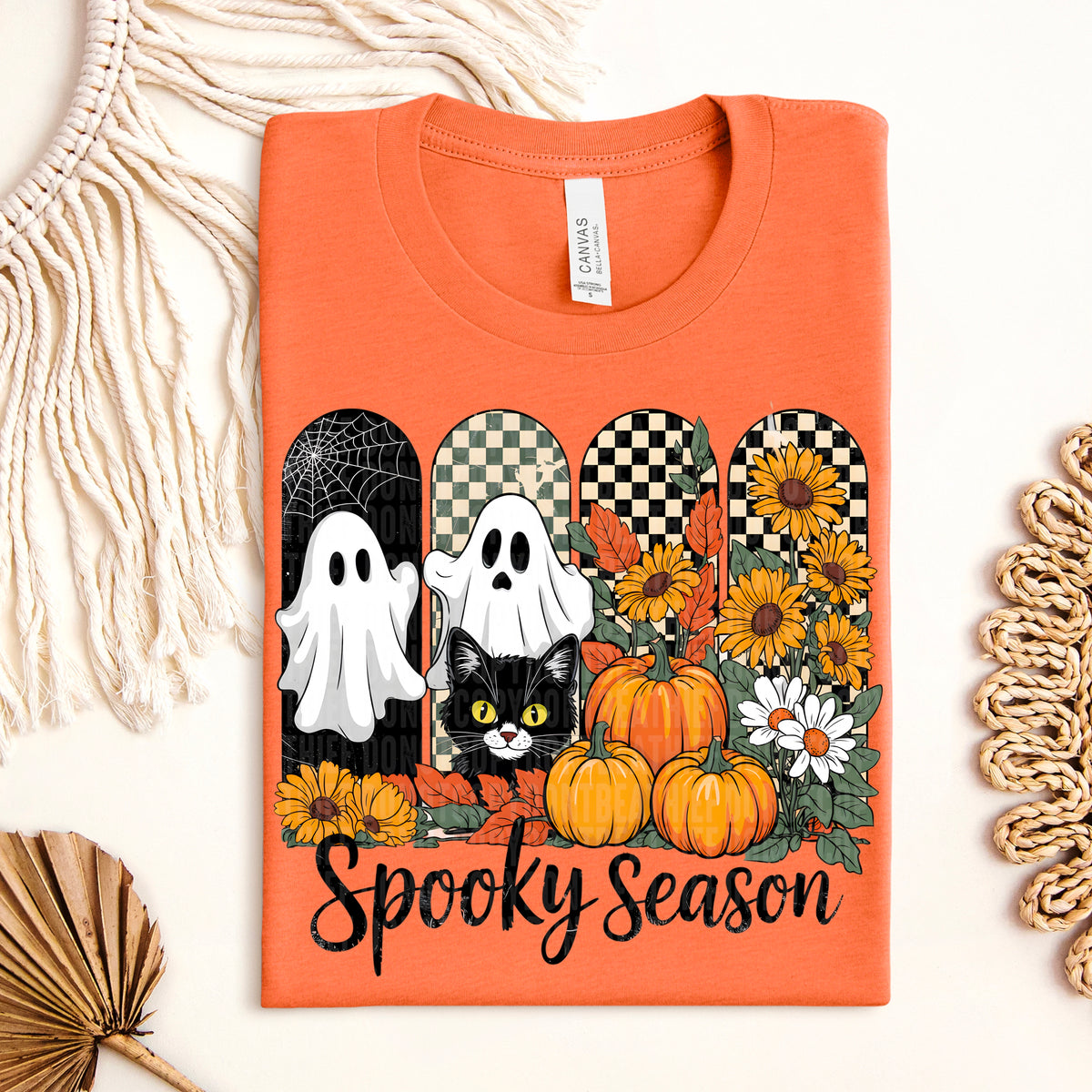 Spooky season ghost checkered cat pumpkins sunflowers dtf transfer