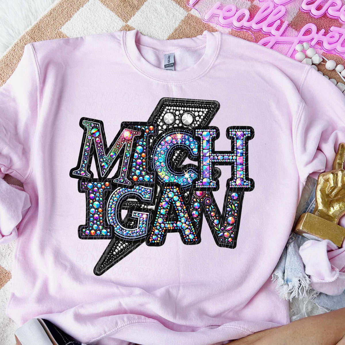 Michigan rhinestone lightning bolt (CITY) 44069 DTF transfer