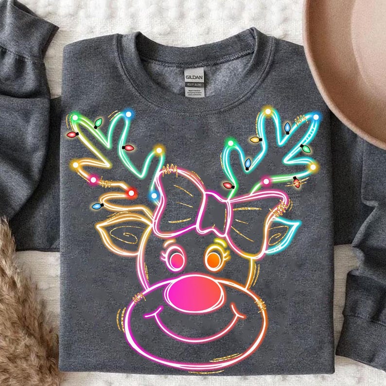 Rainbow LED light christmas reindeer DTF transfer