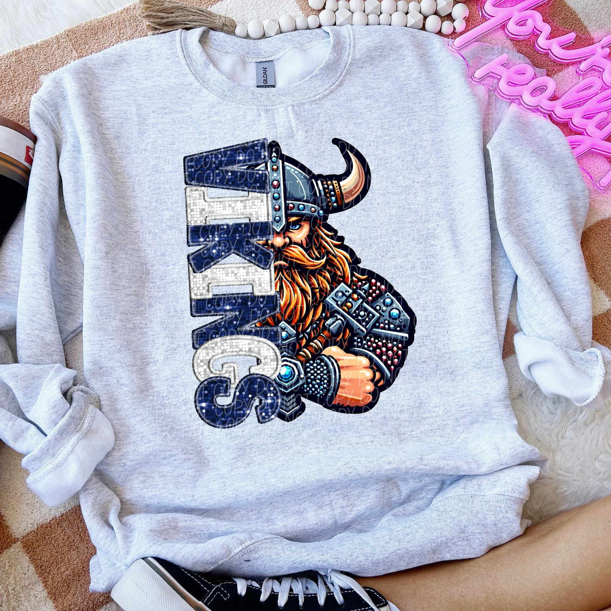 Vikings vertical sequin font mascot (CITY) 52274 DTF transfer