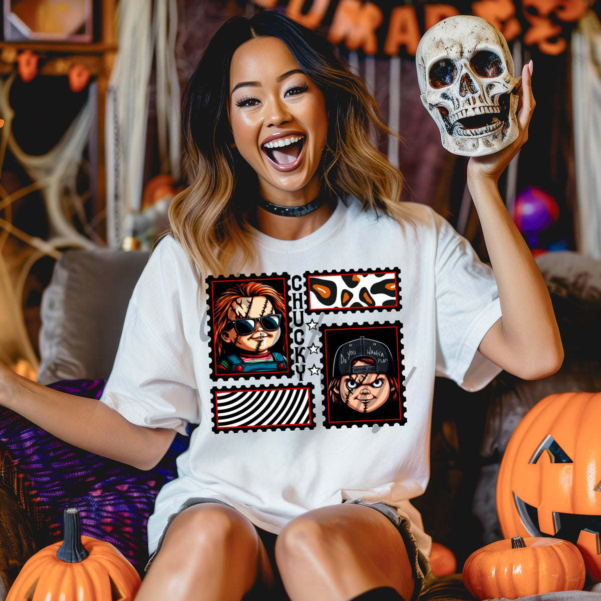 Chucky stamp card collage Mayhem 111955 DTF transfer