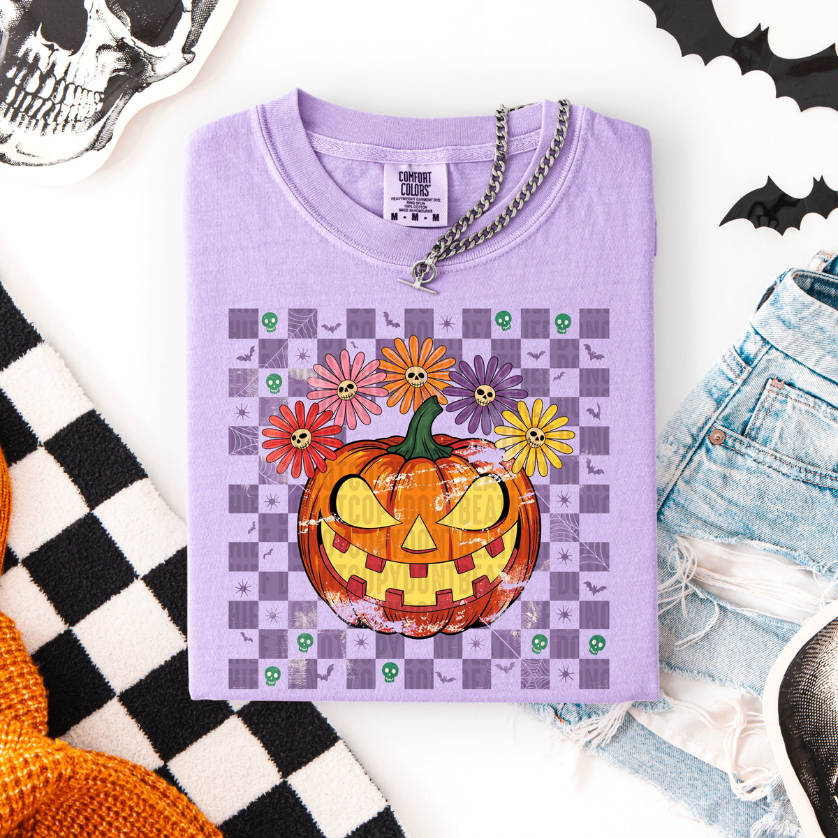 Scary pumpkin florals checkered print 111126 DTF transfer