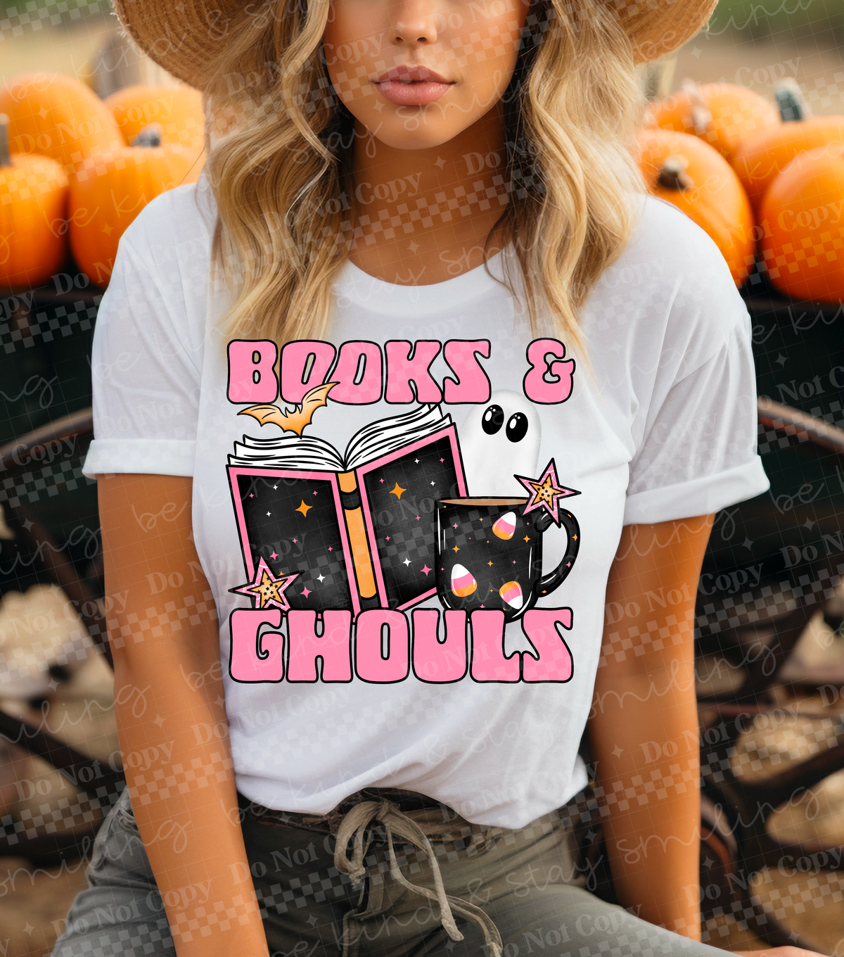 Books & Ghouls pink font CMLD DTF transfer