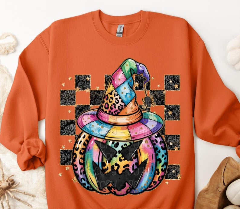 Leopard colorful pumpkin checkered with hat digi DTF Transfer