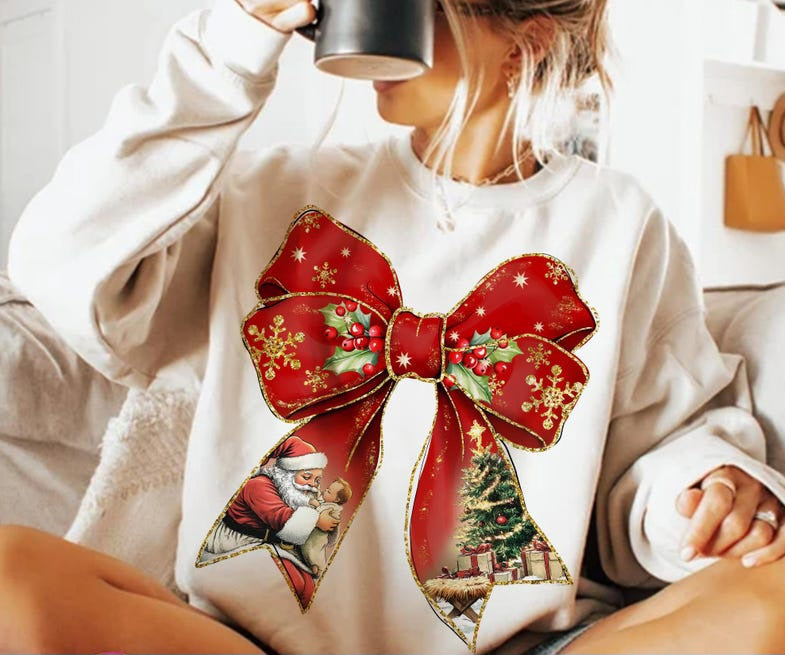 Red christmas bow with Santa and christmas tree DTF transfer