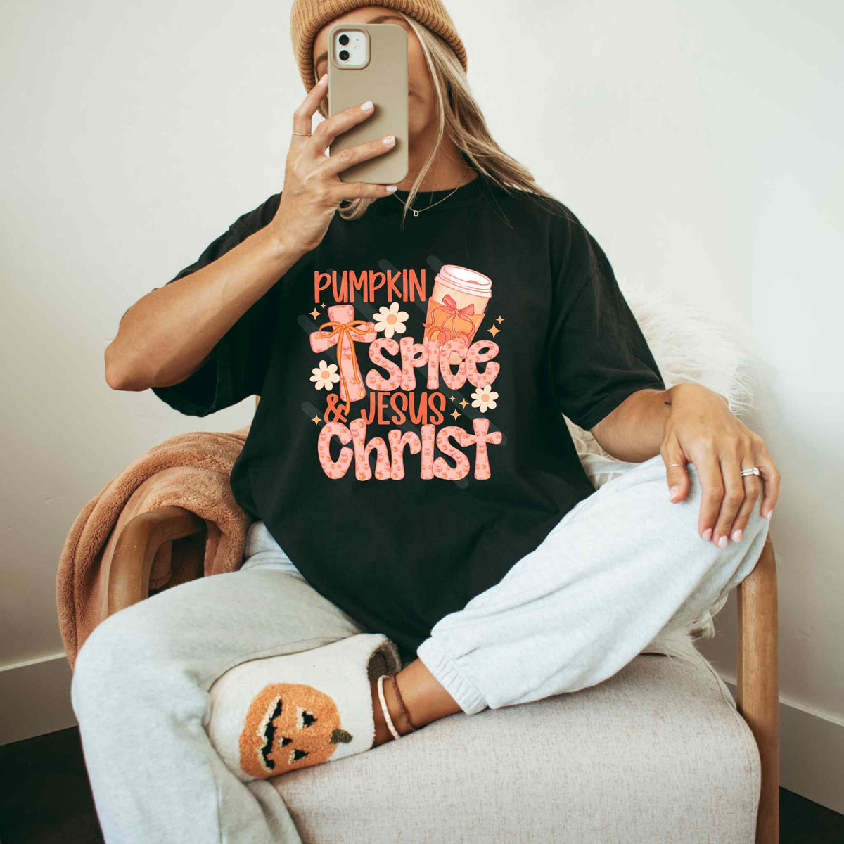 Pumpkin spice and Jesus Christ coffee and cross with cherry pumpkin font EXCLUSIVE DTF transfer