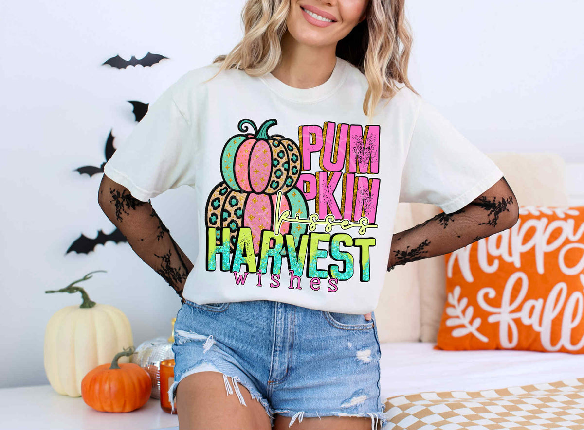 Pumpkin kisses harvest wishes stacked pumpkins C's DTF transfer