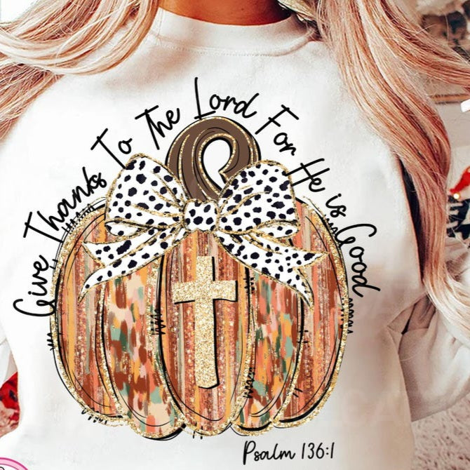 Give thanks to the lord for he is good cross pumpkin dalmatian bow DTF transfer