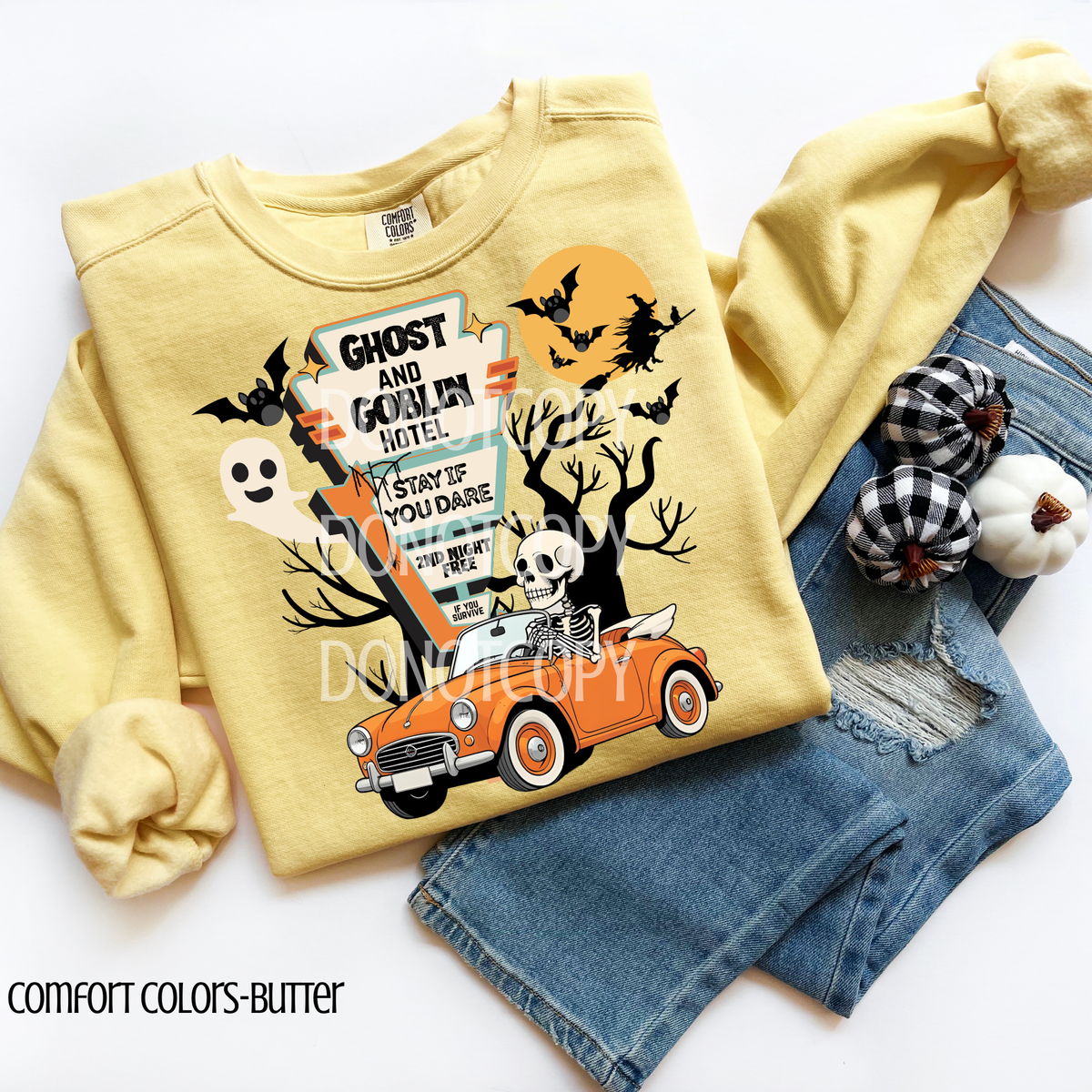 Ghost and goblin hotel orange car and skellie CSG DTF transfer