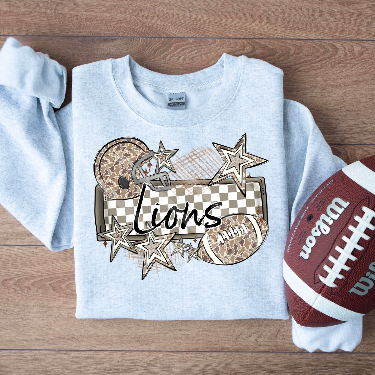 Lions camo football frame and stars DTF transfer