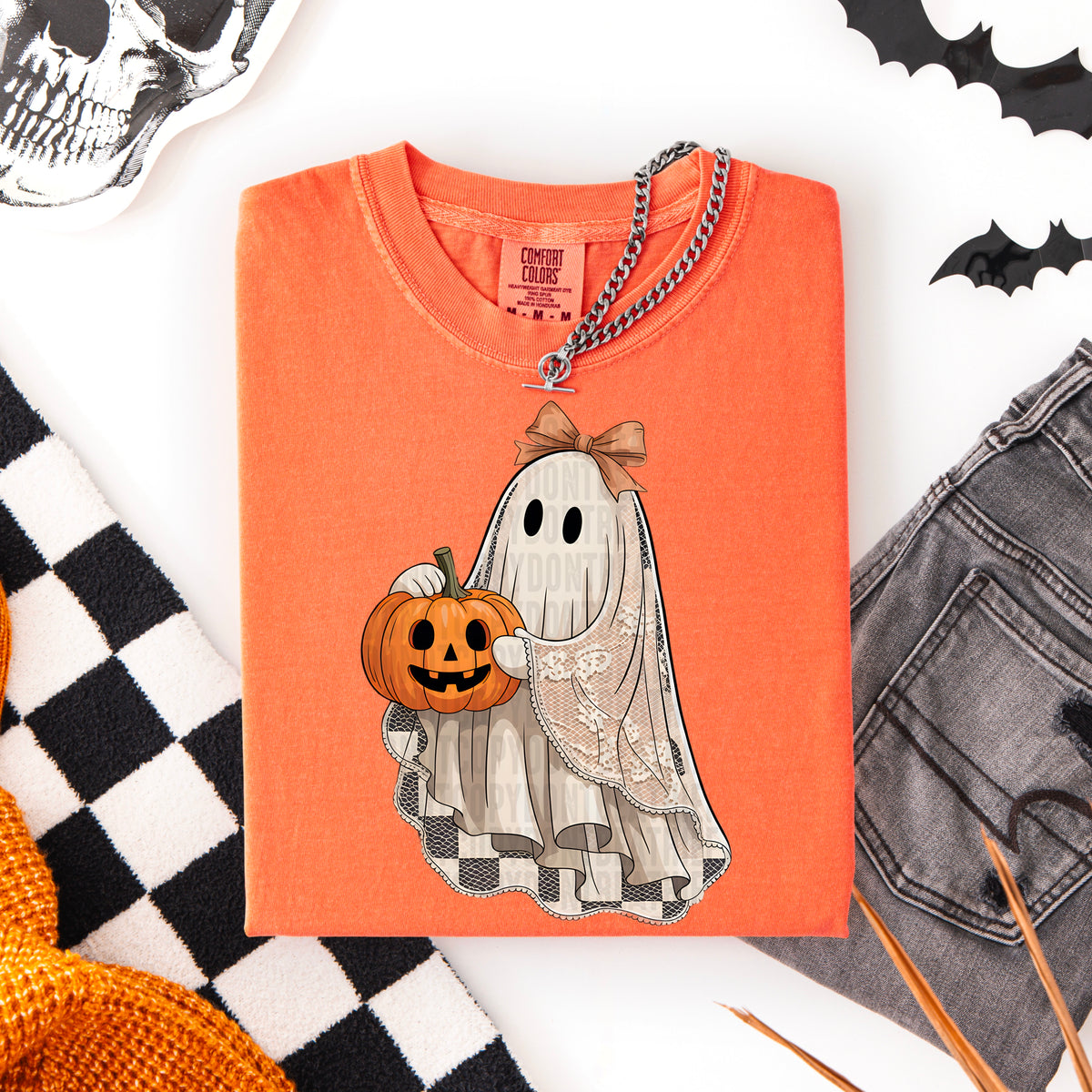 Ghost with pumpkin and orange bow 111105 DTF transfer