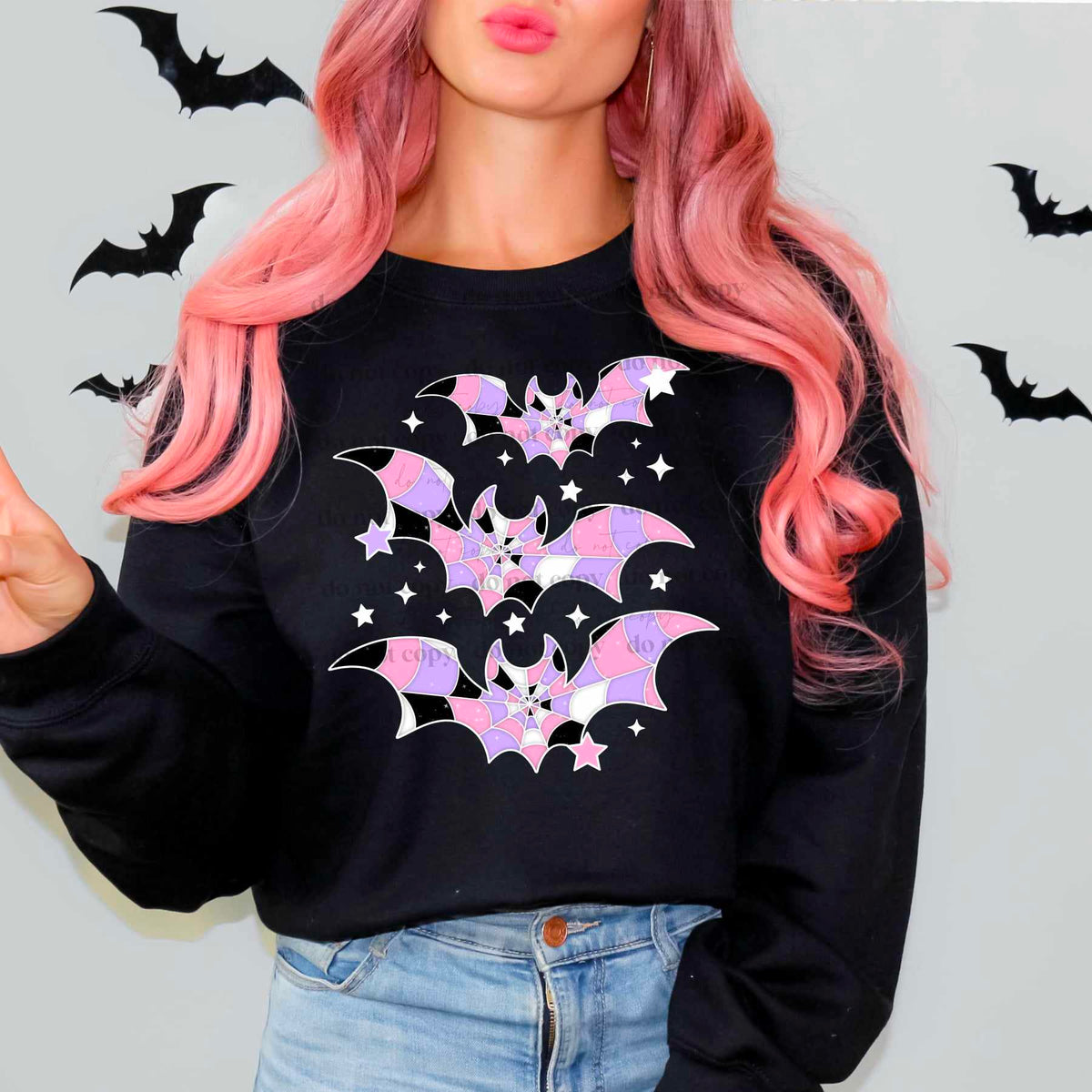 Pink purple and black bats WHITE STARS (CSC) 50126 DTF transfer