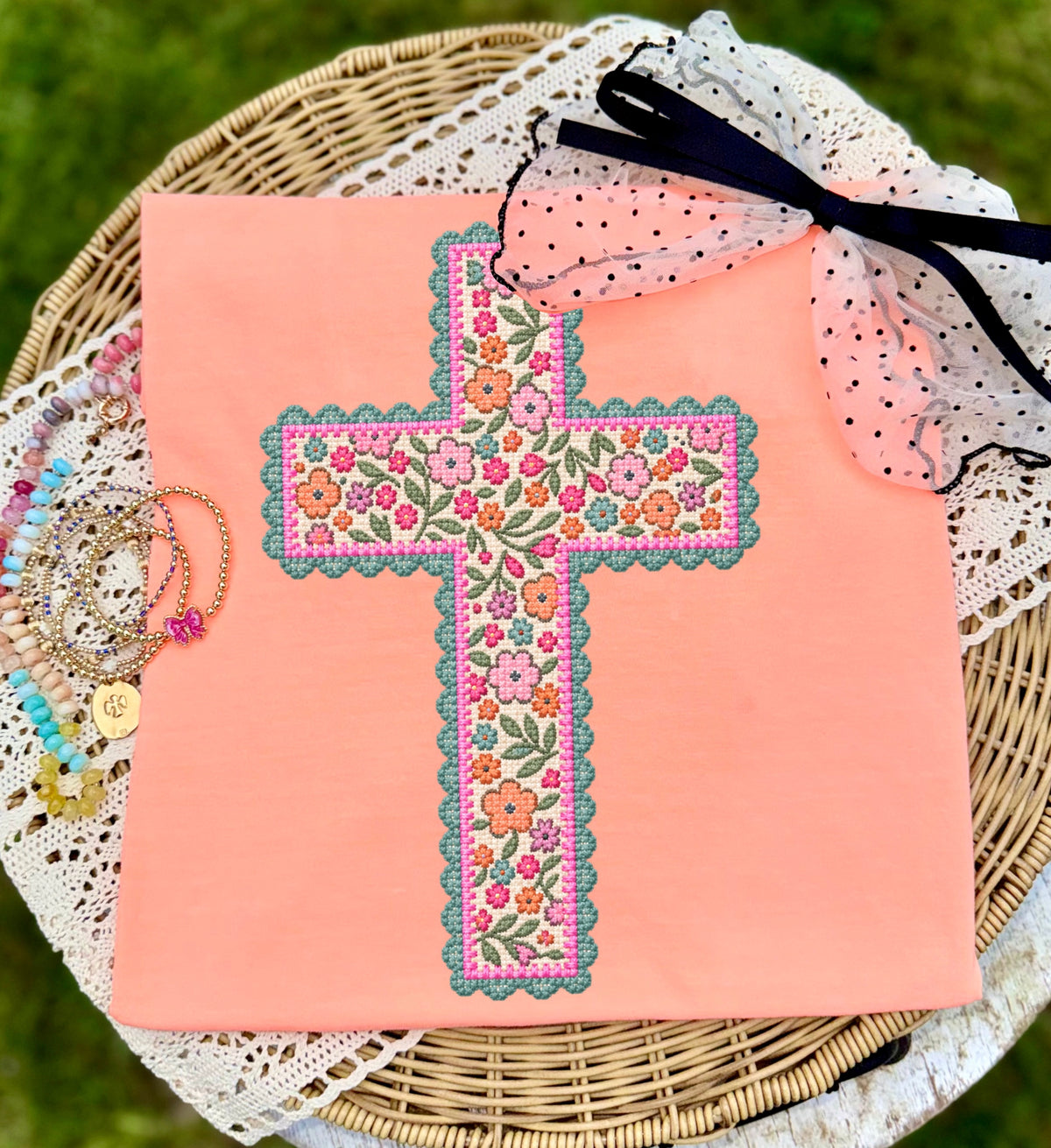 Floral faux stitch Cross DTF Transfer