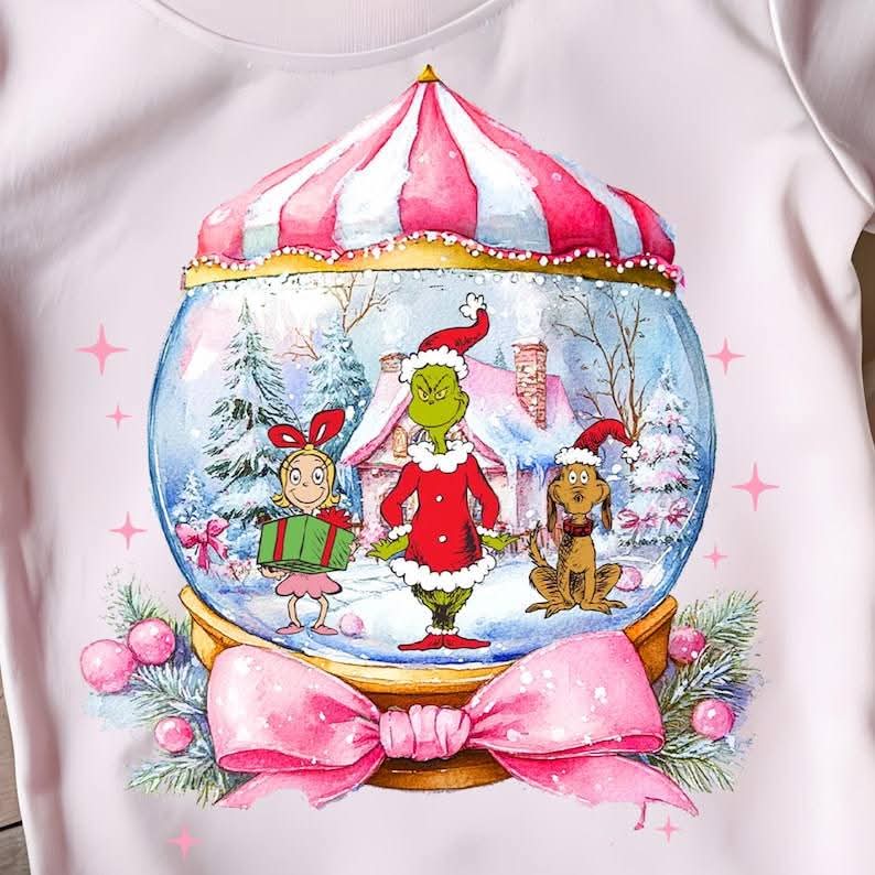 Snow globe GREEN GUY PINK BOW DTF transfer